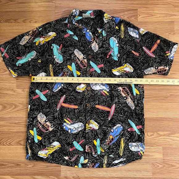 Vintage Pineapple Moon Hawaiian Shirt M | 90s Surf Cars Rayon Aloha Retro Black - Picture 5 of 8